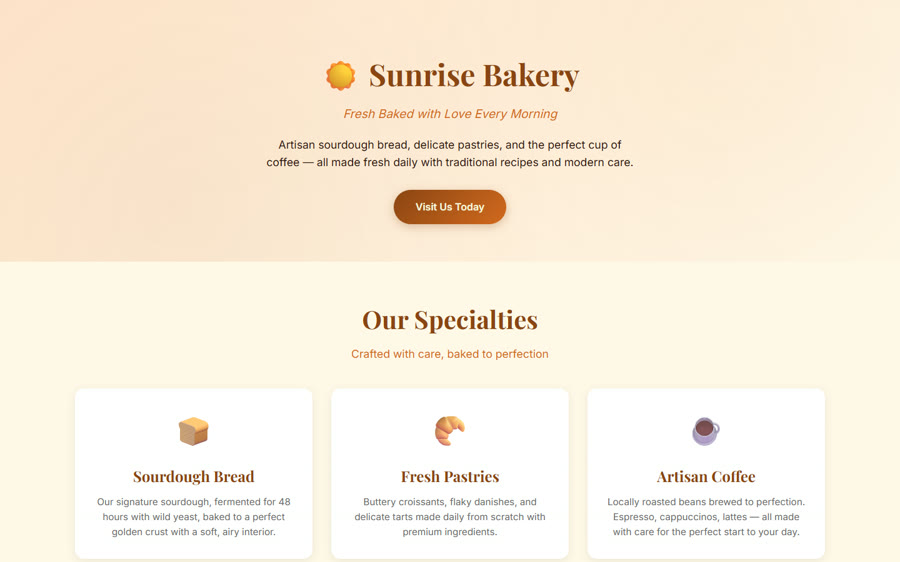 The Sunrise Bakery website Qwen3.5 9B built in Pragma
