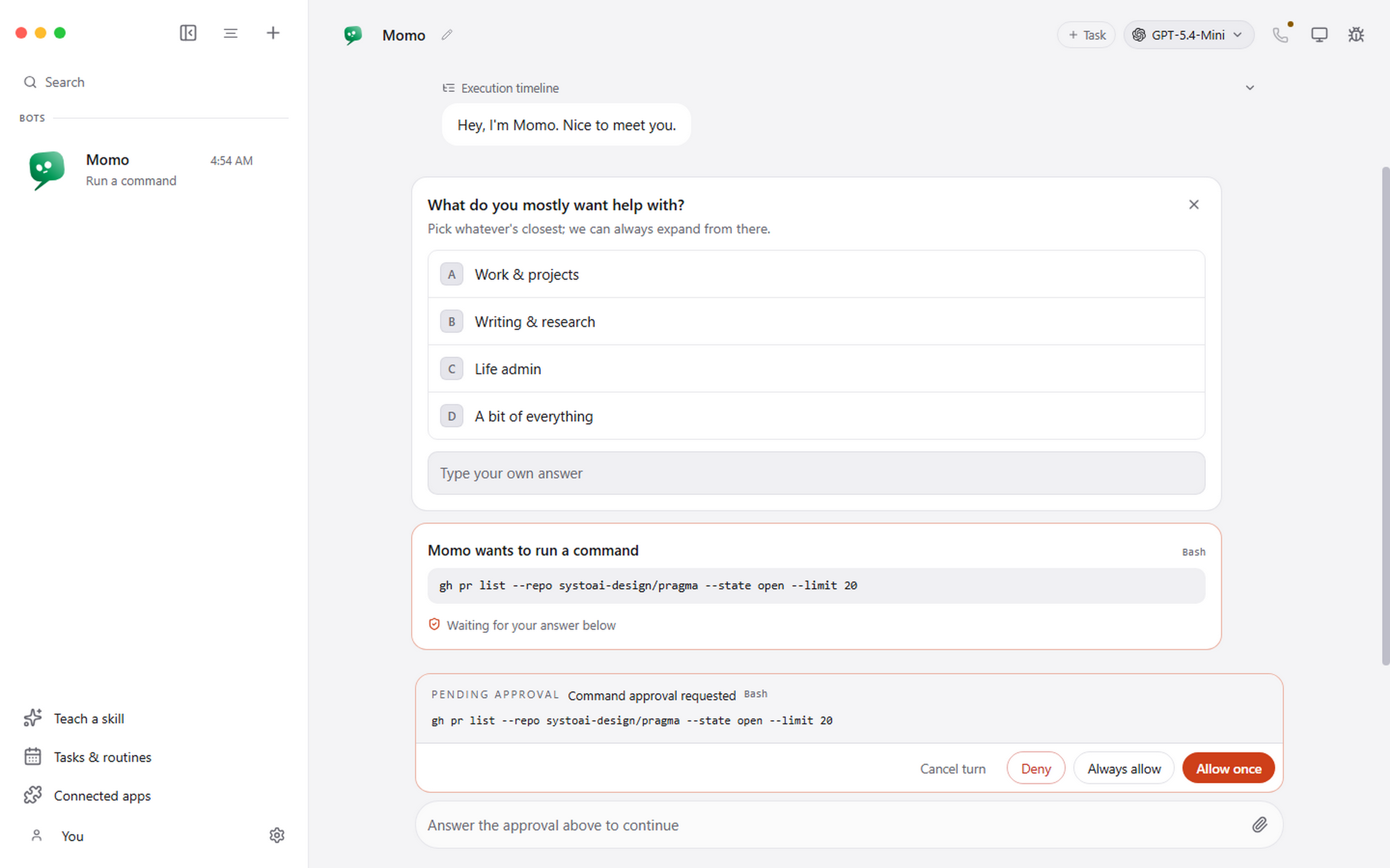 An approval card inside a Pragma conversation