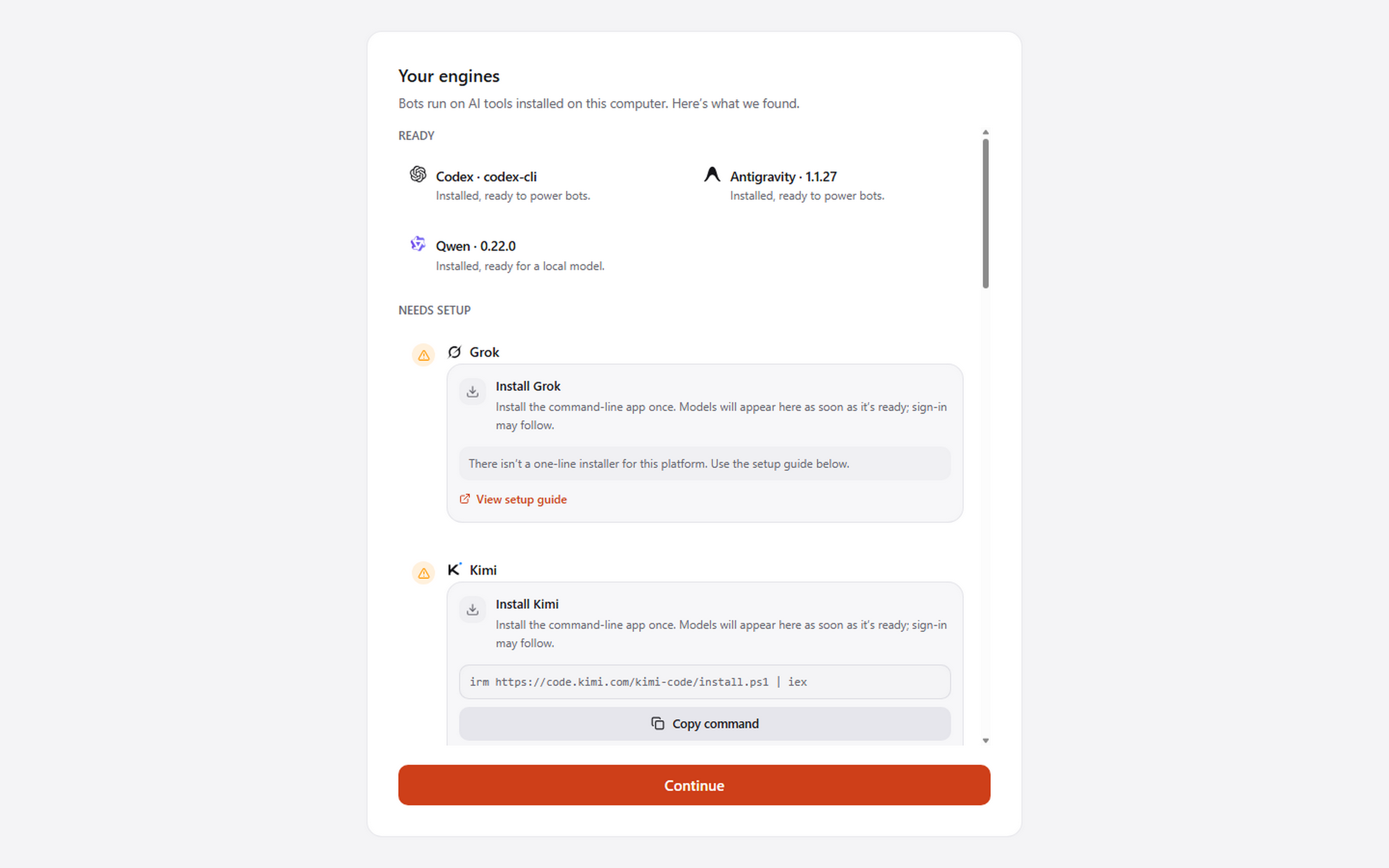 Pragma checking which agent engines are installed and signed in