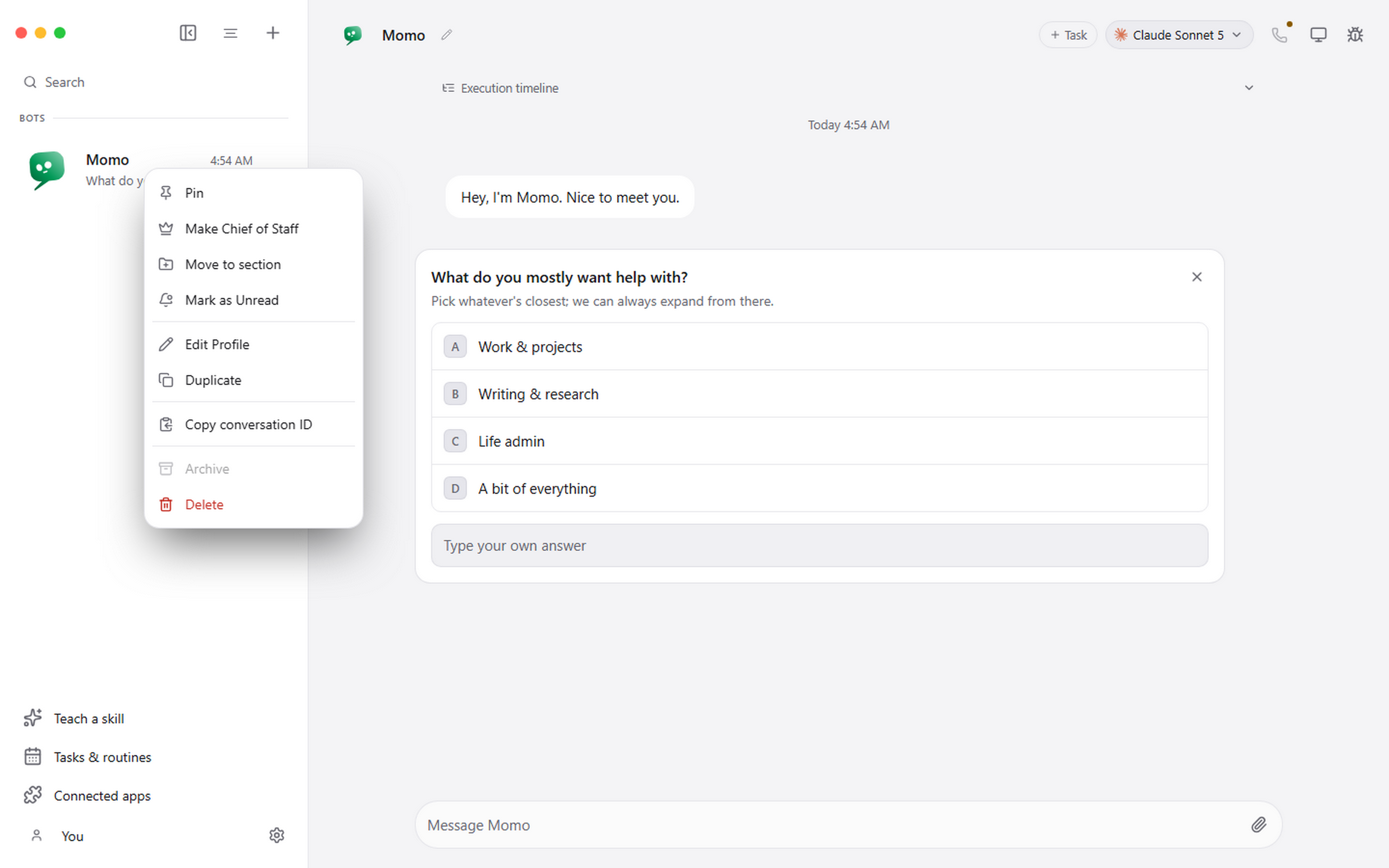 The actions available on a message