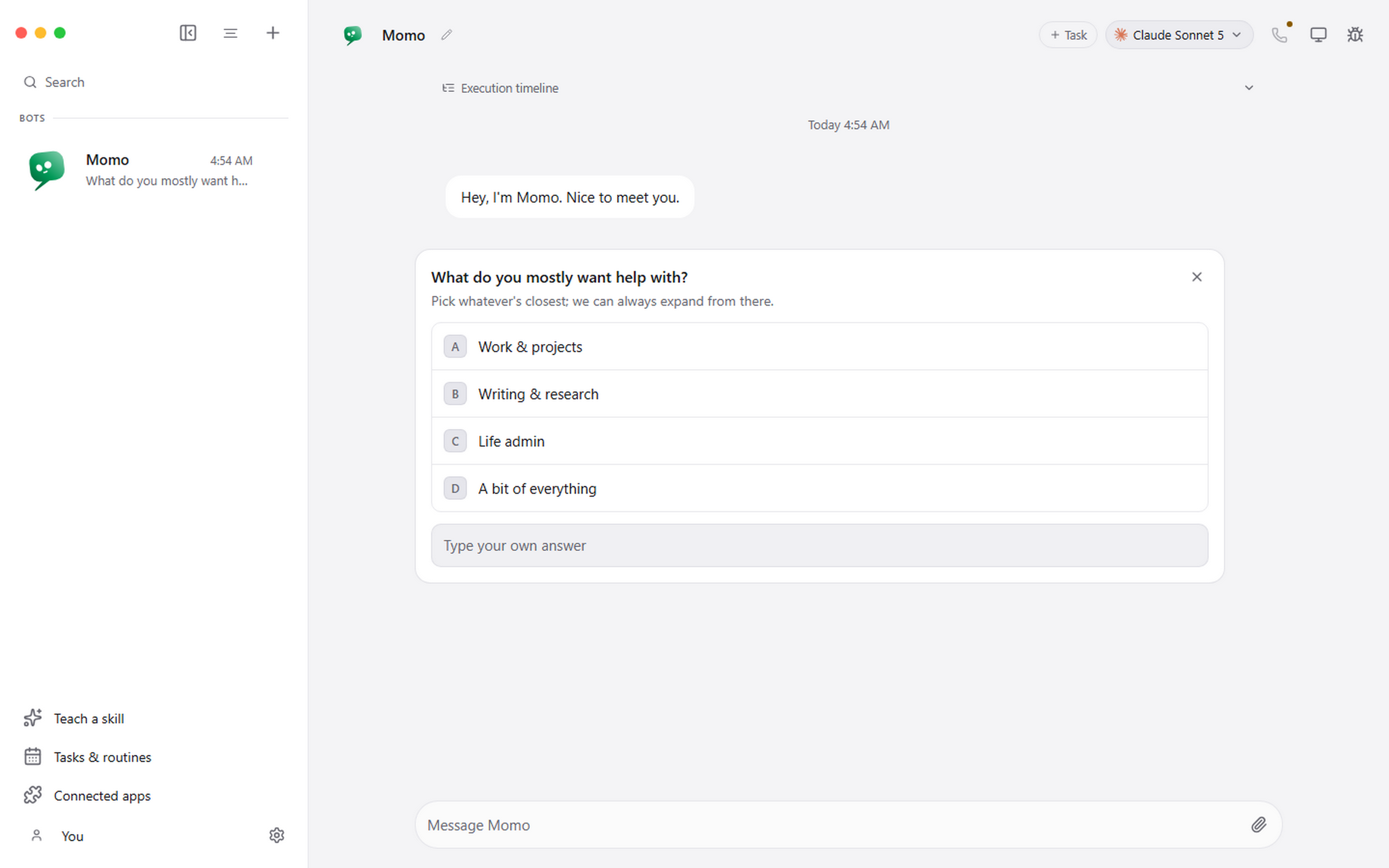 The Pragma app: a list of bots on the left and a conversation with Momo on the right